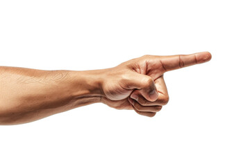 Close-up of an extended hand and pointing index finger, isolated on white background, symbolizing direction, indication, or accusation.