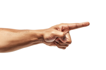 Close-up of an extended hand and pointing index finger, isolated on white background, symbolizing direction, indication, or accusation.