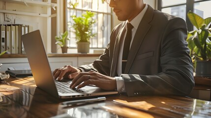 Businessman in a suit and tie typing on a laptop in an elegant office
