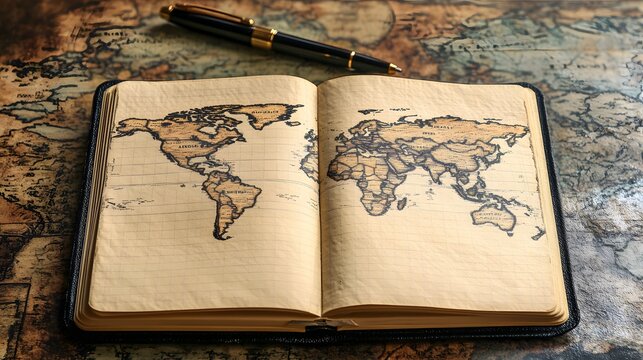 Travel Journal: A beautifully designed travel journal open to a blank page, with a pen and a world map in the background.