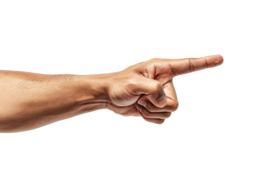 Close-up of an extended hand and pointing index finger, isolated on white background, symbolizing direction, indication, or accusation.