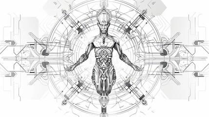 tattoo art line, illustrated in illustrator, perfect generation without design errors, pure white and clean background, A geometric and realistic style tattoo, featuring a combination of mythological.