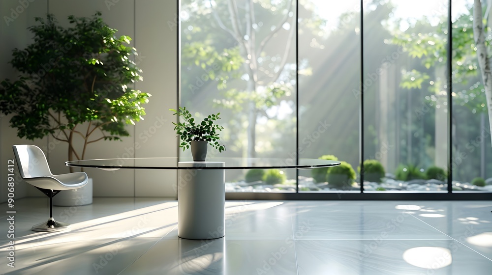Poster empty glass table in bright modern room with large windows for elegant product display