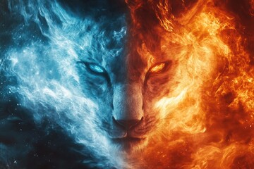 Fototapeta premium A Tiger's Face Divided by Fire and Ice