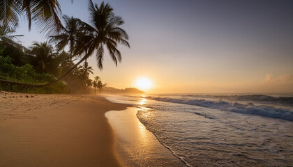 A serene beach with palm trees and gentle waves rolling in, beautiful sunset time; perfect seascape for travel concept