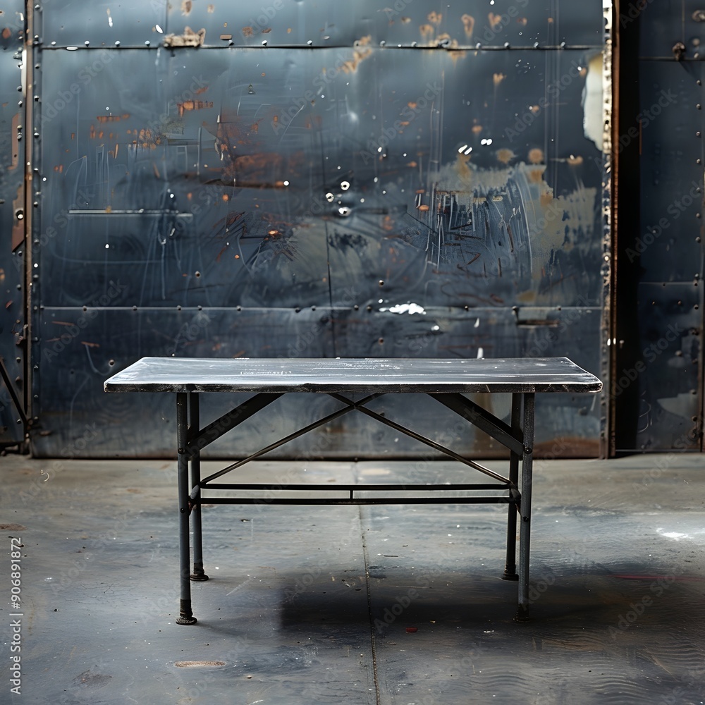 Poster Rugged Industrial Metal Table in Warehouse Setting for Product Photography