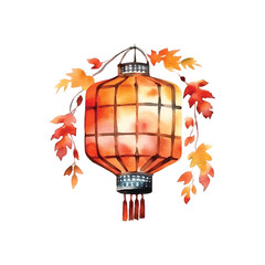 Watercolor ilustration vector lantern with maple leaves in autumn season, white background
