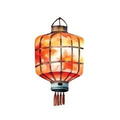 Obraz premium Watercolor lantern with maple leaves in autumn season ilustration vector, white background