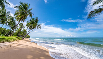 A serene beach with palm trees and gentle waves rolling in, beautiful blue sky and cloud; perfect seascape for travel concept