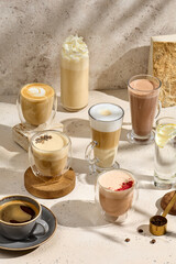 Variety of Coffee Types in a Composition with Latte, Cappuccino, and Iced Coffee