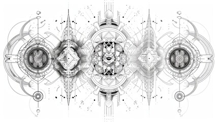 tattoo art line, illustrated in illustrator, perfect generation without design errors, pure white and clean background, A geometric and realistic style tattoo, featuring a combination of mythological.