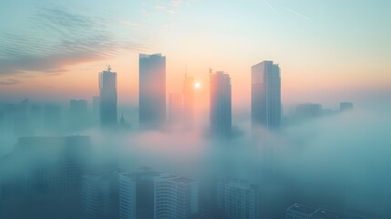 Misty Morning in the City   Towering Skyscrapers Emerging Through Hazy Atmosphere