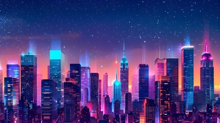 Glowing Neon Cityscape with Towering Buildings and Vibrant Nightlife Scene