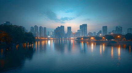 Fototapeta premium Serene Skyline of a City at Twilight with Glowing Reflections on the Calm River
