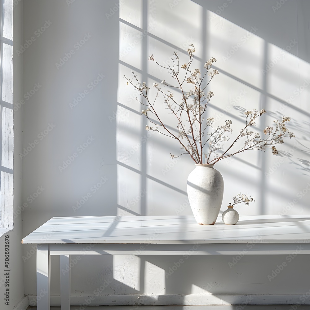 Poster bright empty white table in minimalist studio with natural lighting for professional product display