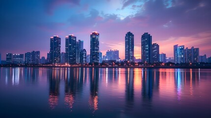 Fototapeta premium Captivating Cityscape at Twilight Glowing Skyscrapers Reflected in Calm River