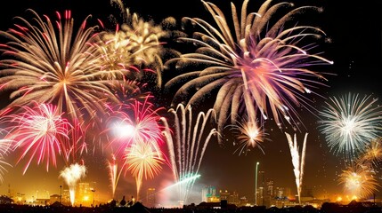 Fireworks Display Over City Skyline