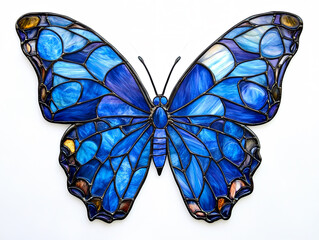 Detailed blue morpho butterfly stained glass style art, isolated on a white background.