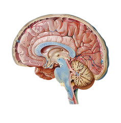 A detailed anatomical illustration of the human brain, showcasing various internal structures and regions png, isolated on transparent background