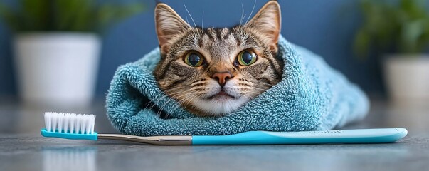 A cat wrapped in a cozy towel with a toothbrush beside it looking content and relaxed after a thorough dental cleaning session