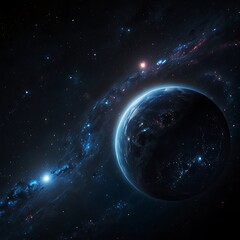 Glowing sphere orbits dark blue galaxy galaxy