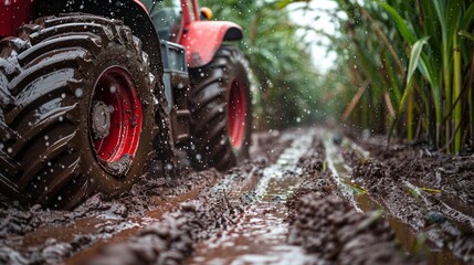 A red tractor navigates a muddy path in a sugarcane field, facing challenges in the wet terrain. Water splashes show its struggle on slippery ground.
