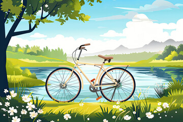 Stylish bicycle by serene lakeside with mountains in the background