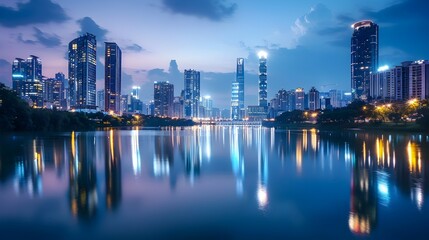 Fototapeta premium Mesmerizing Cityscape of Illuminated Skyscrapers Reflecting in River at Dusk