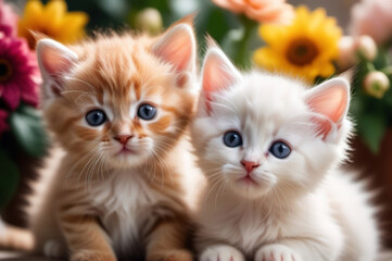 Fototapeta premium Portrait of two little kittens surrounded by flowers.