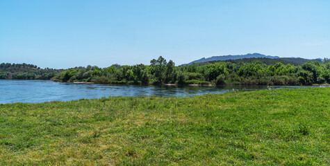 A tranquil riverside scene with lush green grass in the foreground, calm waters and a dense line of trees leading to distant mountains under a clear blue sky.