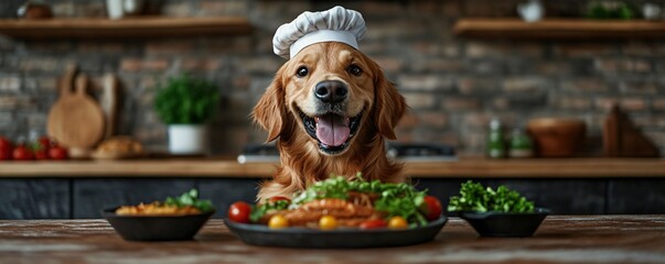A Golden Retriever wearing a tiny chefs hat preparing a gourmet meal in a miniature kitchen with a whimsical cartoon like style Food photography with a playful twist