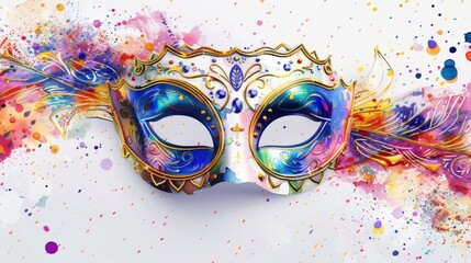 Colorful Carnival Mask with Watercolor Splatter.