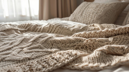 Close-up of a cozy blanket draped over the bed with abstract, detailed knit pattern