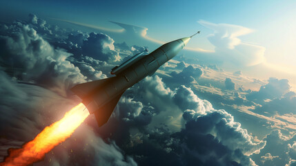 Obraz premium A rocket soars through the air, its flight accompanied by an intense, orange flame. A professional military missile quickly cuts through the sky.