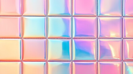 grid of iridescent tiles reflecting a spectrum of colors, Each tile displays a unique blend of...