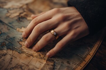 Obraz premium A hand with a wedding ring resting on a vintage map suggesting a journey of love and adventures shared together