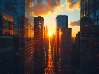 Mesmerizing Sunset Over Towering Skyscrapers in a Bustling Cityscape
