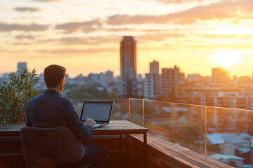 A man sits at a desk with a laptop, overlooking a city skyline during sunset, suggesting productivity and inspiration.