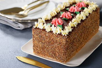 Traditional russian layered cake ( fairy tale ) with buttercream.