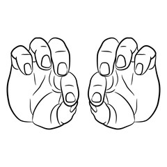 Two human hands in pinch gesture. Front view. Cartoon style. Black and white linear silhouette.
