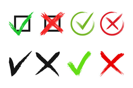 Doodle hand drawn chalk check mark set. Charcoal pencil checklist icons, sketch checkboxes, tick and cross symbols. Crayon checkmark element. Vector Set of Hand drawn Charcoal elements for notes.