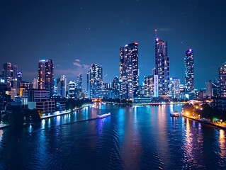 Obraz premium Captivating Nighttime Cityscape with Shimmering River Reflections and Cruising Boats
