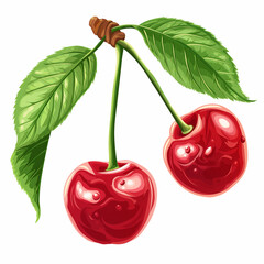 The Cherry Two berries and leaves with white background, Illustration