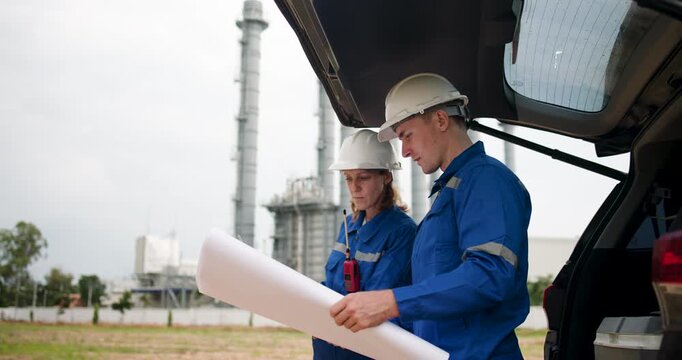 Site engineer team discussing job with blueprint and tablet  at the rear tailgate of vehicle  the trunk of the car 