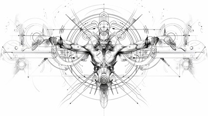 Obraz premium Tattoo art line, illustrated in Illustrator, perfect generation without design errors, pure white and clean background. A geometric and realistic style tattoo, featuring a combination