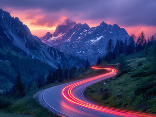  a winding road through a mountainous landscape, with the sun setting behind a backdrop of majestic mountain peaks.