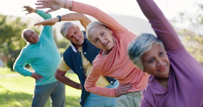 Elderly, stretching arms or friends in park for fitness or body mobility in outdoor workout together. Group, start or senior people in warm up for training, exercise or retirement community in nature