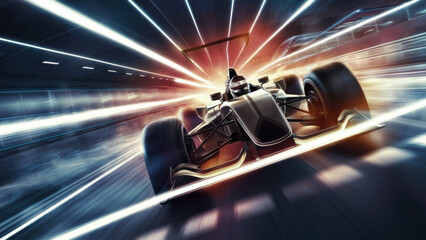 Naklejka premium A racing car is speeding down a track with bright lights, AI