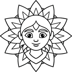 Girl head coloring page kids friendly simple line art cute girl face with geometric flower mandala design pattern minimal clipart art KDP coloring interior