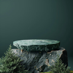 Green Marble Stone Platform on Rough Rock Base with Foliage